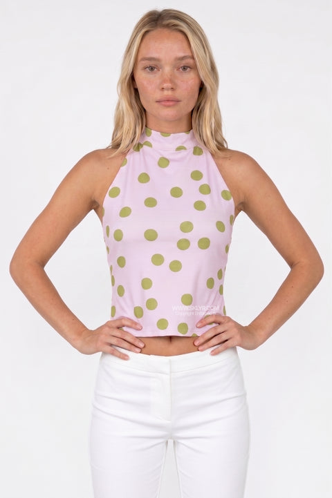 Lilac & Green Polka Dot High-Neck Crop Top