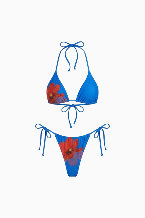 Statement Floral Tie-Side Micro Bikini in Blue