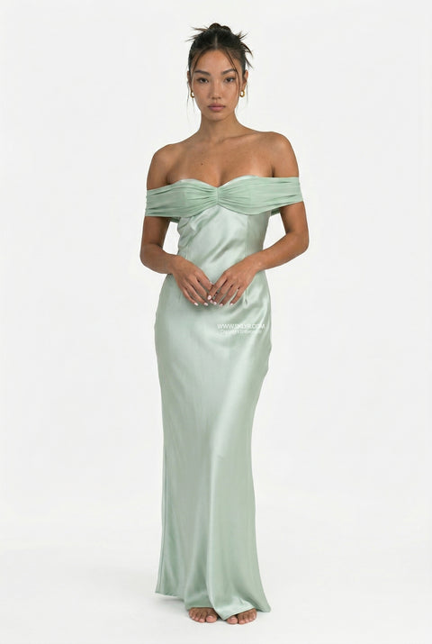 Sage Green Off-the-Shoulder Satin Maxi Dress