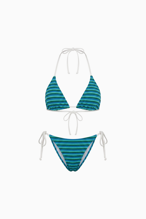 Teal Striped Halter String Bikini with White Ties