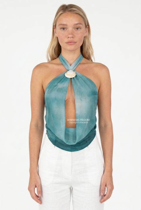 Teal Cowl-Neck Draped Top