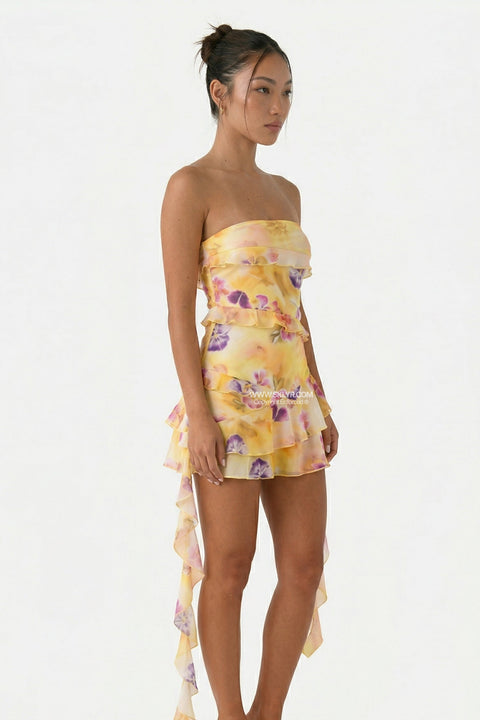 Yellow Floral Strapless Ruffled Mini Dress