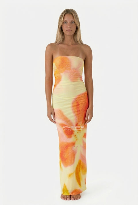 Yellow and Orange Floral Ruched Tube Maxi Dress