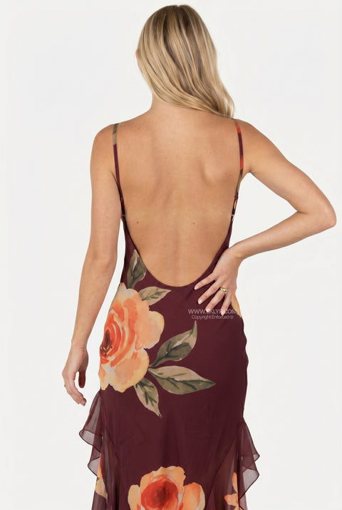 Burgundy Floral Satin Slit Maxi Dress