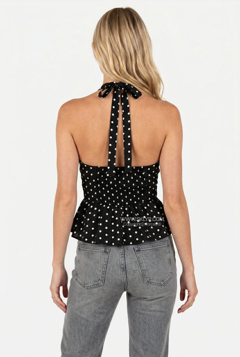 Black Polka Dot Halter Peplum Top