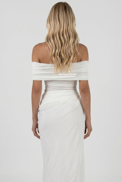 White Off-Shoulder Fitted Maxi Dress