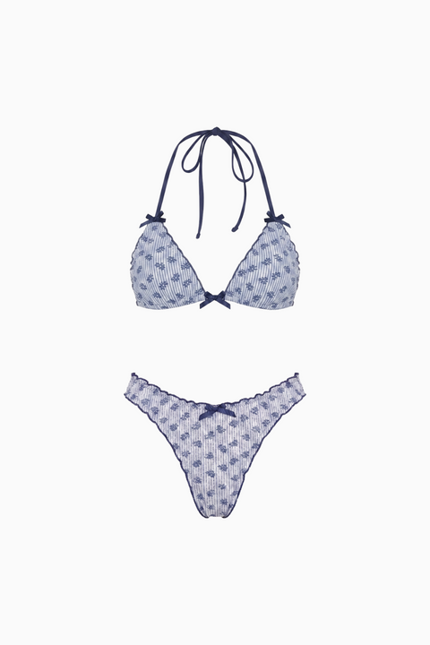 Blue Floral Striped Ruffle Triangle Bikini