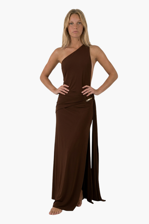 Grey One-Shoulder Ruched Maxi Dress