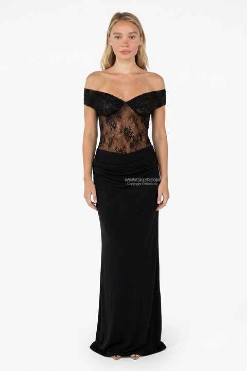 Black Off-Shoulder Lace-Panel Maxi Dress