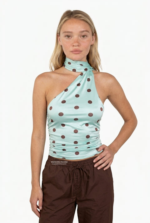 Mint & Brown Polka Dot Halter Top