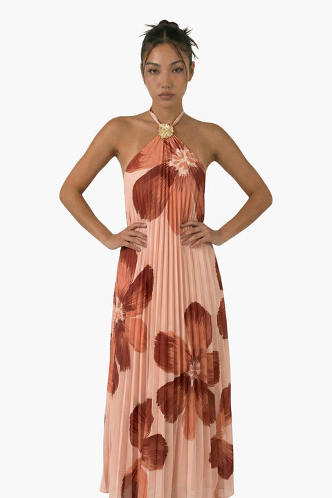 Navy Pleated Floral Halter Maxi Dress