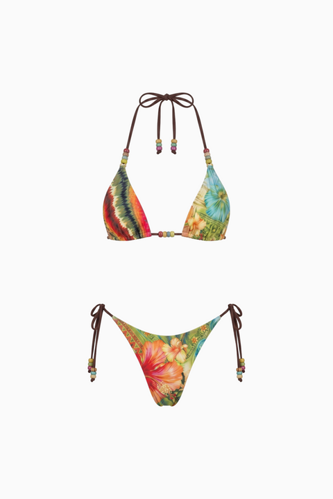 Mixed-Print Botanical Tie-Side String Bikini