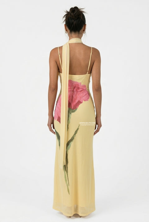 Yellow Botanical Halter Maxi