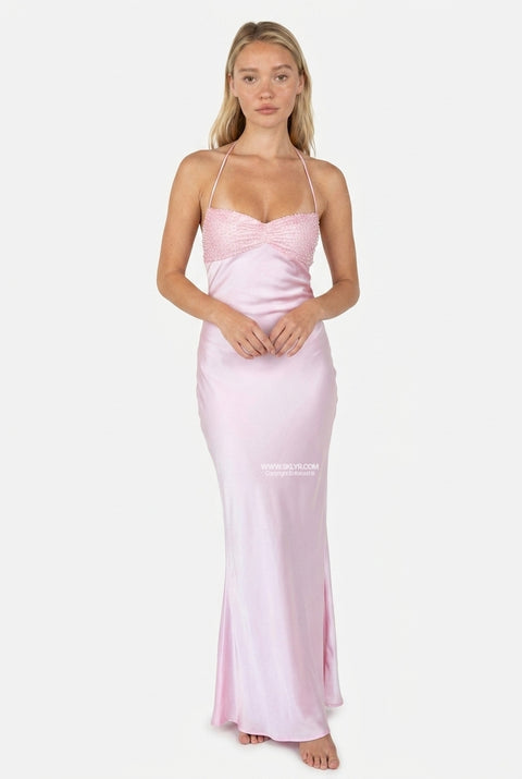 Soft Pink Satin Slip Maxi Dress
