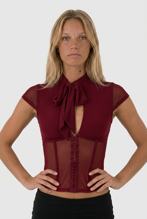 Burgundy Mesh Keyhole Corset Top