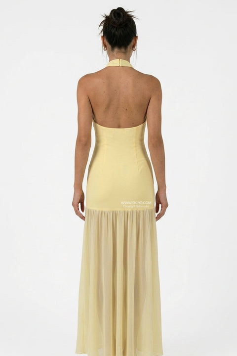 Yellow Open-Back Halter Maxi
