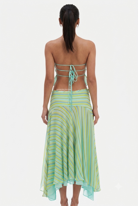 Sheer Stripe Twist-Bust Top & Skirt Set