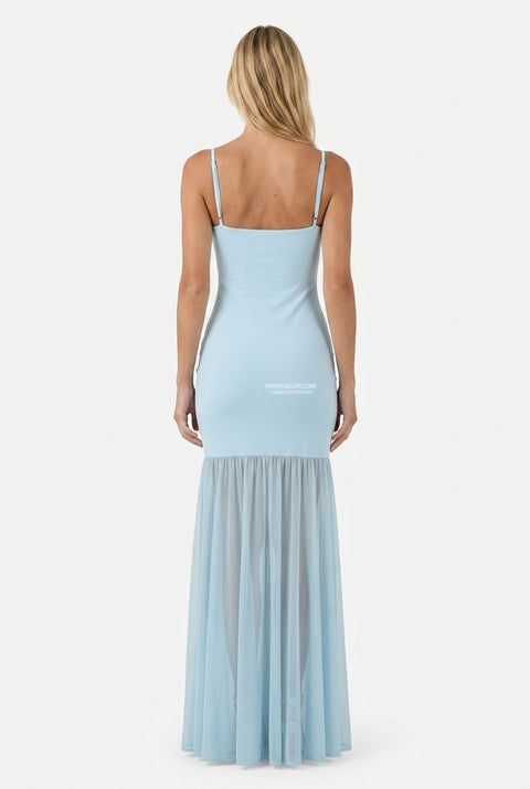 Sky Blue Fitted Maxi Dress with Sheer Hem