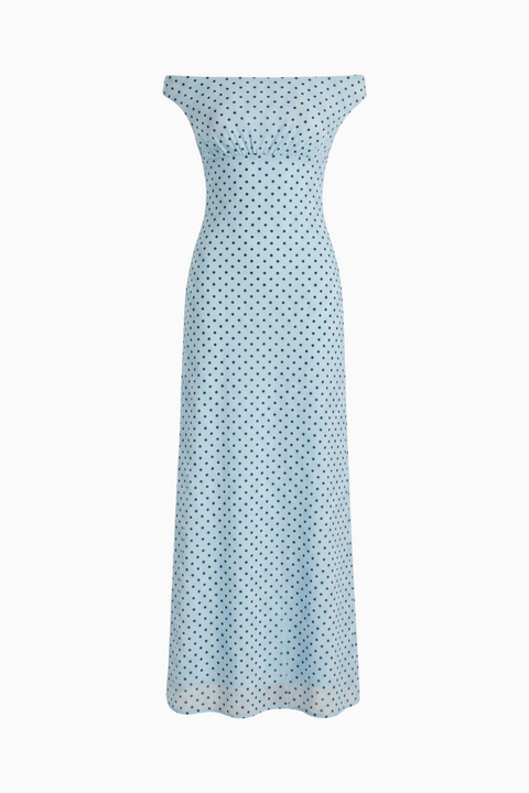 Baby Blue Ruched Bardot Polka Dot Long Dress