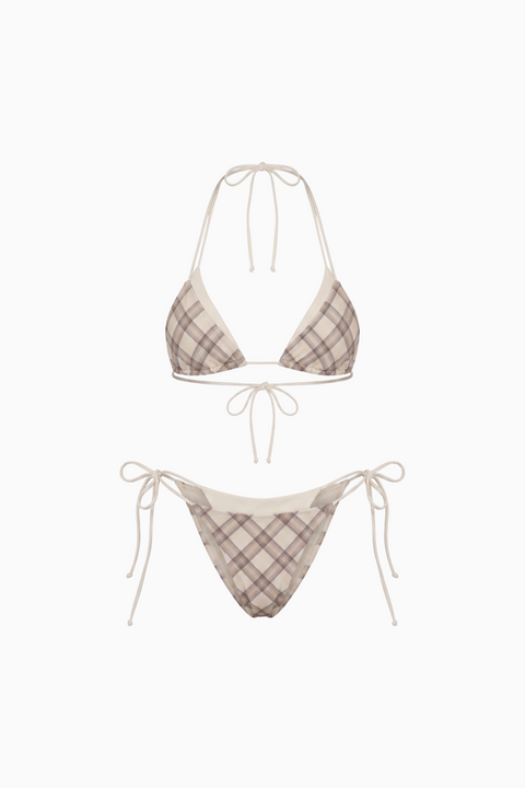 Retro Chic Brown Plaid Contrast-Trim Bikini