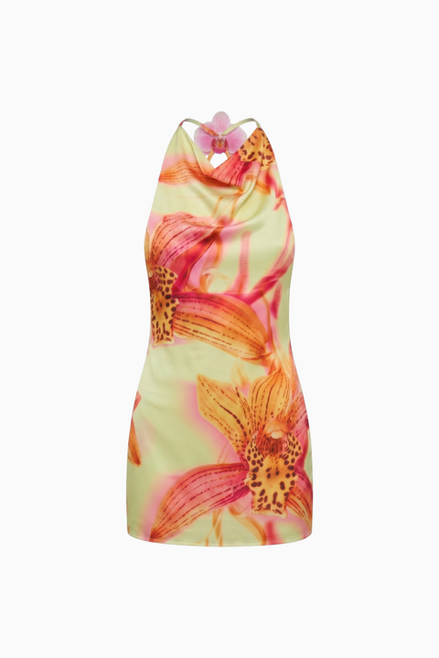 Tropical Floral Orchid Halter Mini Dress