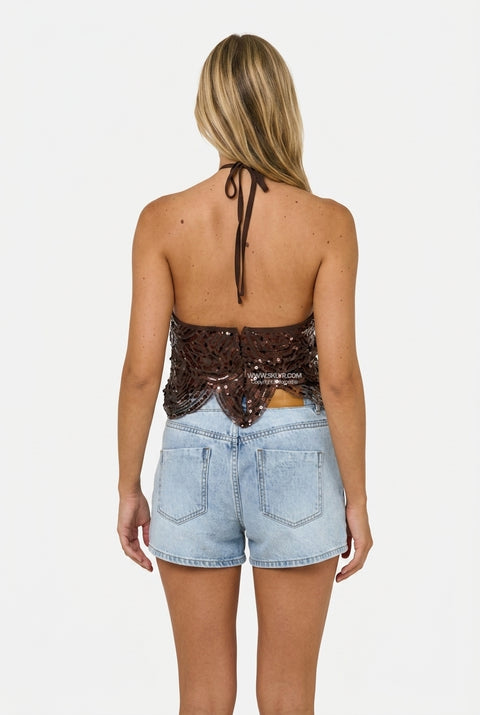 Brown Open-Weave Halter Top