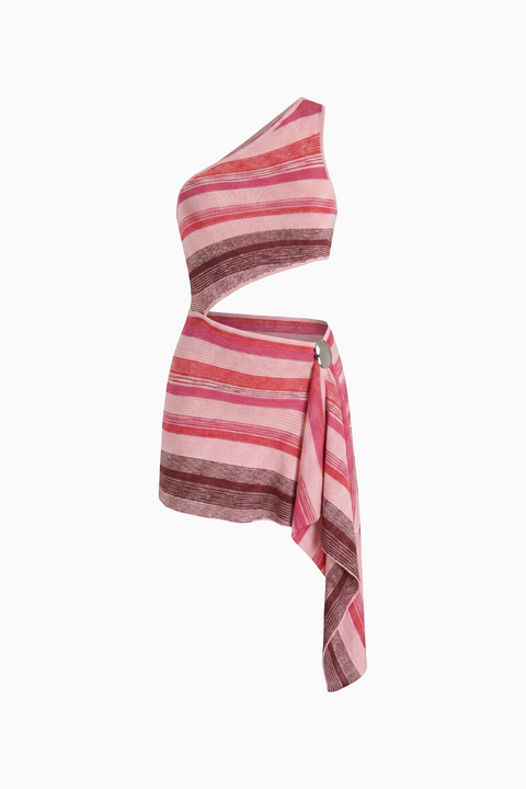 Pink Stripe One-Shoulder Cutout Mini Dress
