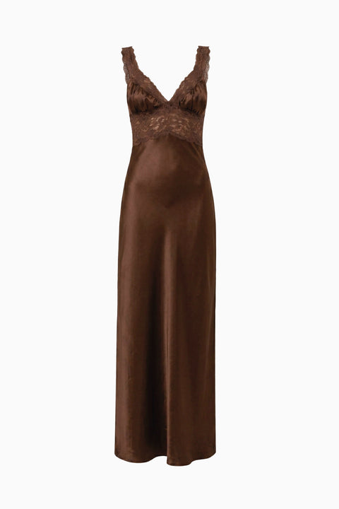 Chocolate Brown Satin Lace-Trim Maxi Dress