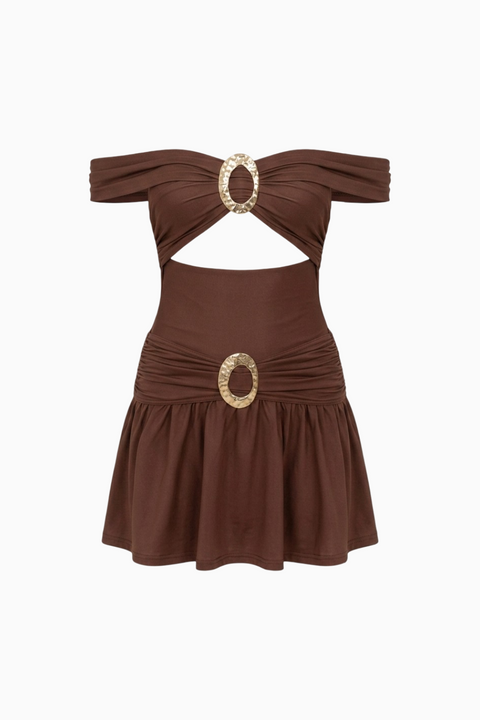 Chocolate Gold-Ring Ruched Dress