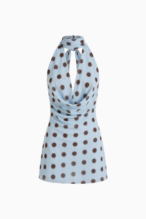 Light Blue Polka Dot Cowl Neck Halter Top Dress