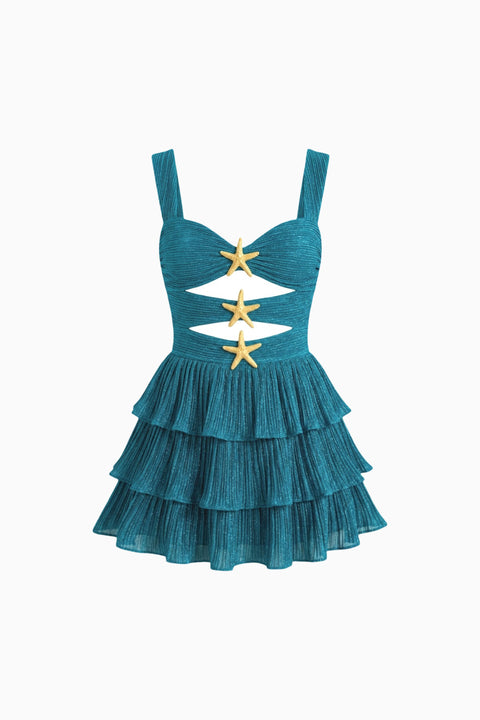 Rust Red Starfish Cutout Ruffle Mini Dress
