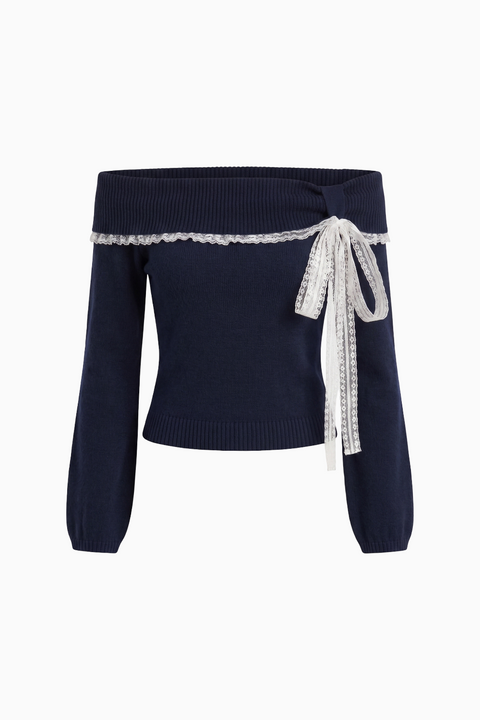 Navy Blue Off-the-Shoulder Knit Sweater