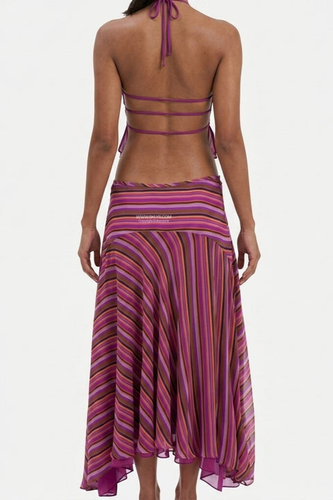 Sheer Stripe Twist-Bust Top & Skirt Set