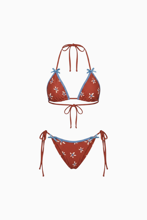 Blue-Trimmed Floral Bow Bikini