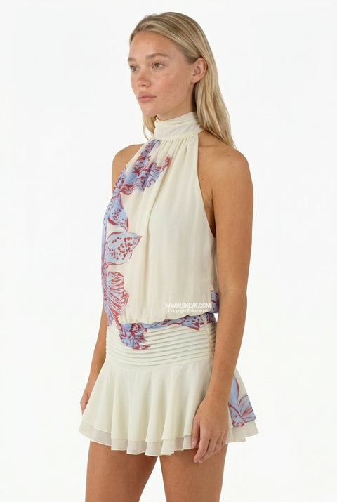 Cream Floral Halter Drop Waist Mini Dress