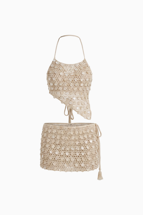 Crochet Coin-Embellished Two-Piece Skirt Set