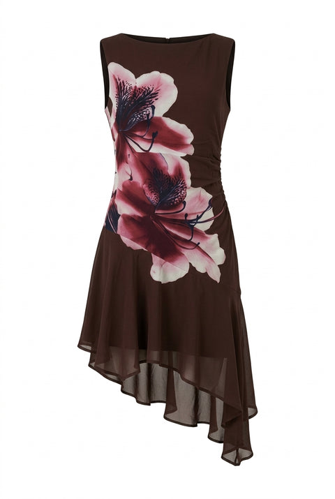 Chocolate Hibiscus Asymmetrical Ruffle Midi Dress