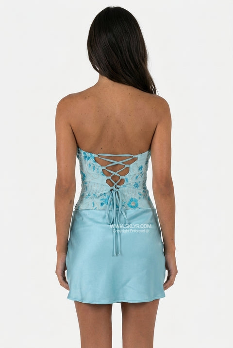 Light Blue Beaded Strapless Mini Dress