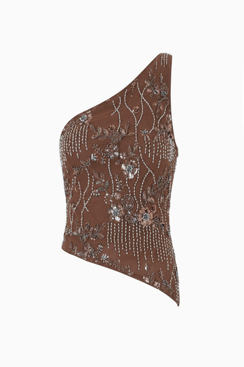 Brown Textured One-Shoulder Top