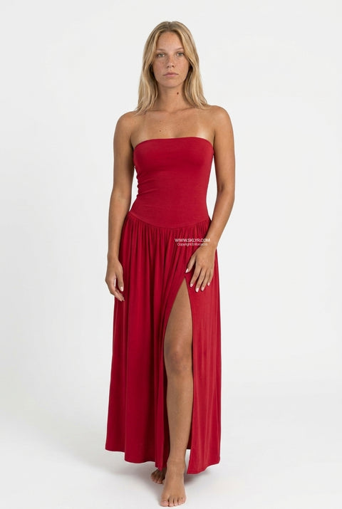 Red Satin Thigh-Slit Maxi Dress