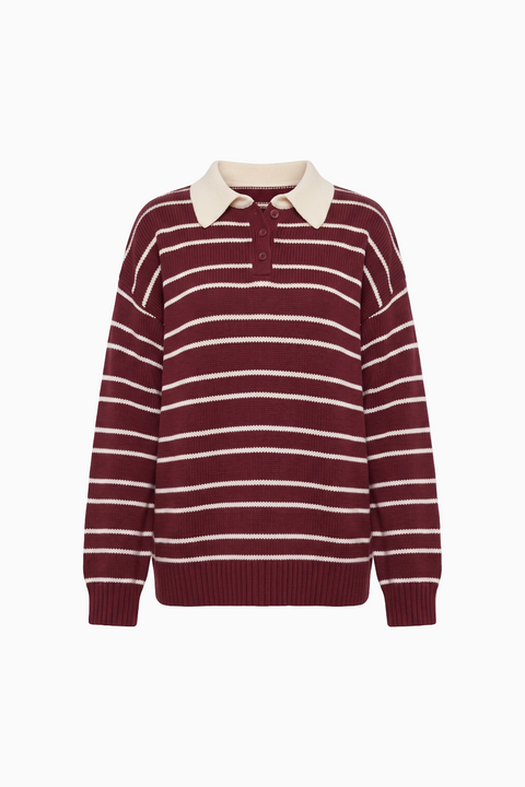 Oversized Burgundy Striped Polo Knit Sweater