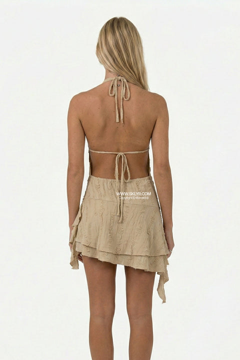 Tan Ruched Spaghetti Mini Dress