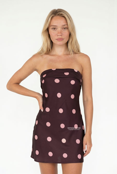 Plum and Pink Polka Dot Strapless Mini Dress