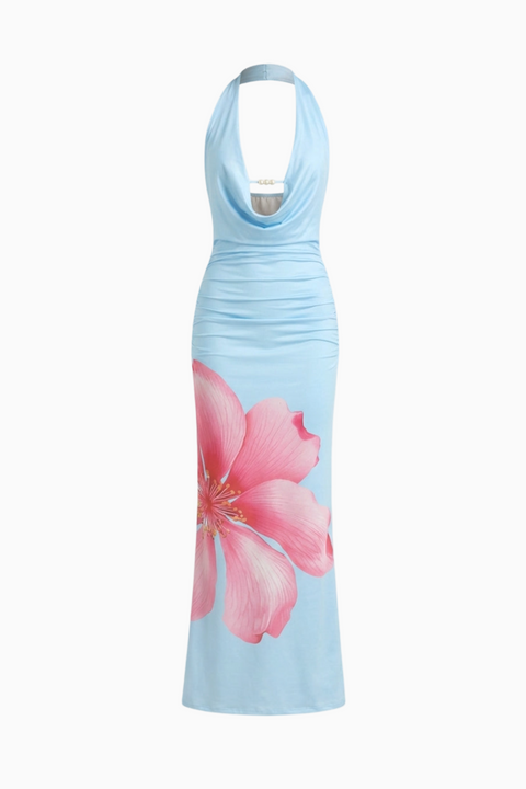 Blue Floral Thigh-Slit Maxi Dress