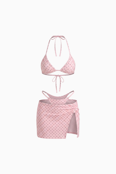 Light Pink Polka Dot 3-Piece Bikini Set with Skirt