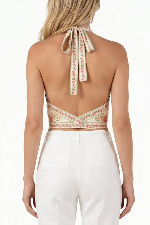 Cream Botanical Front-Knot Halter Top