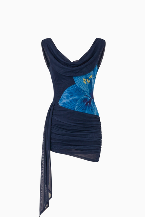Navy Blue Floral Draped Mini Dress