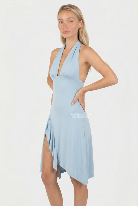 Light Blue Ruffled Halter Midi Dress