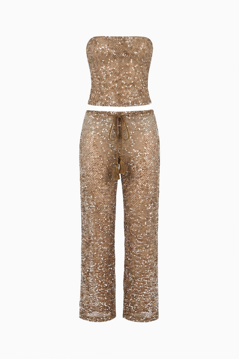 Gold Sequin Wide-Leg Two-Piece Set