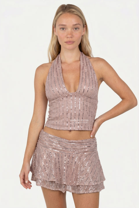 Blush Ruched Halter & Skirt Set